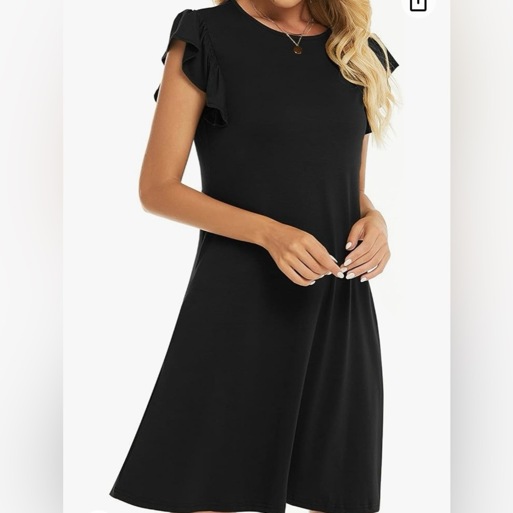 Crewneck Ruffle Sleeve Boho Casual Flowy Mini Summer Dresses with Pockets